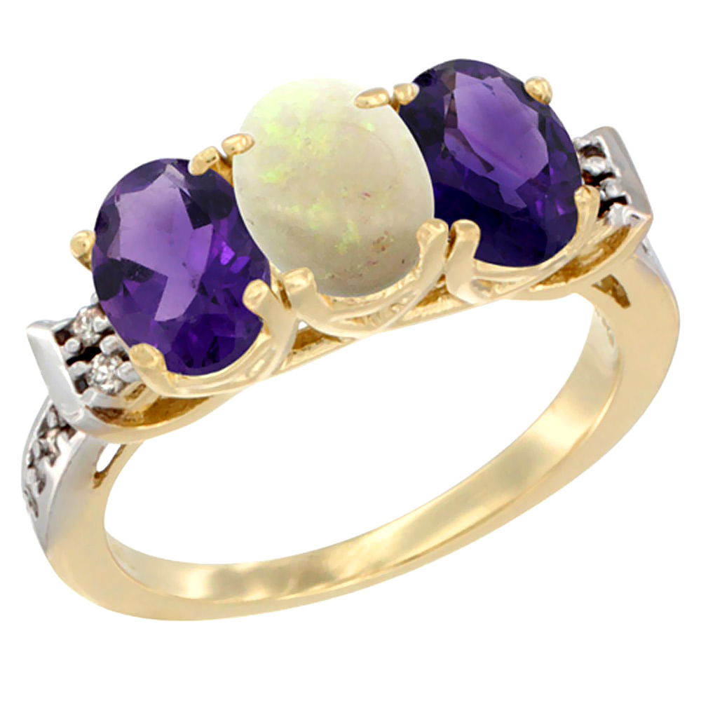 10K Yellow Gold Natural Opal & Amethyst Sides Ring 3-Stone Oval 7x5 mm Diamond Accent, sizes 5 - 10