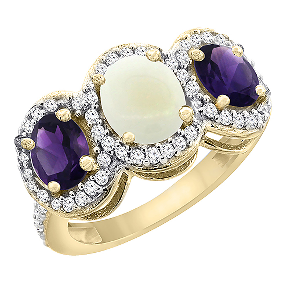 14K Yellow Gold Natural Opal &amp; Amethyst 3-Stone Ring Oval Diamond Accent, sizes 5 - 10