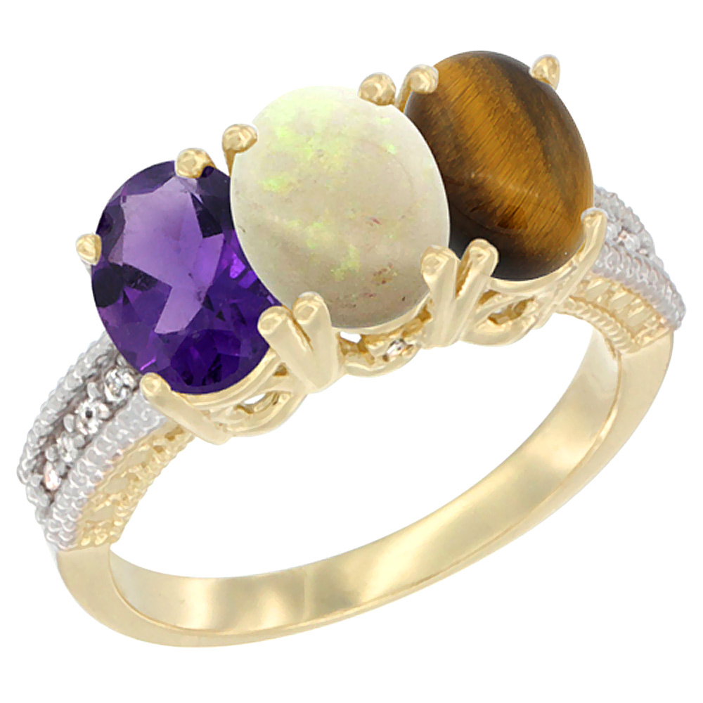 10K Yellow Gold Diamond Natural Amethyst, Opal &amp; Tiger Eye Ring Oval 3-Stone 7x5 mm,sizes 5-10