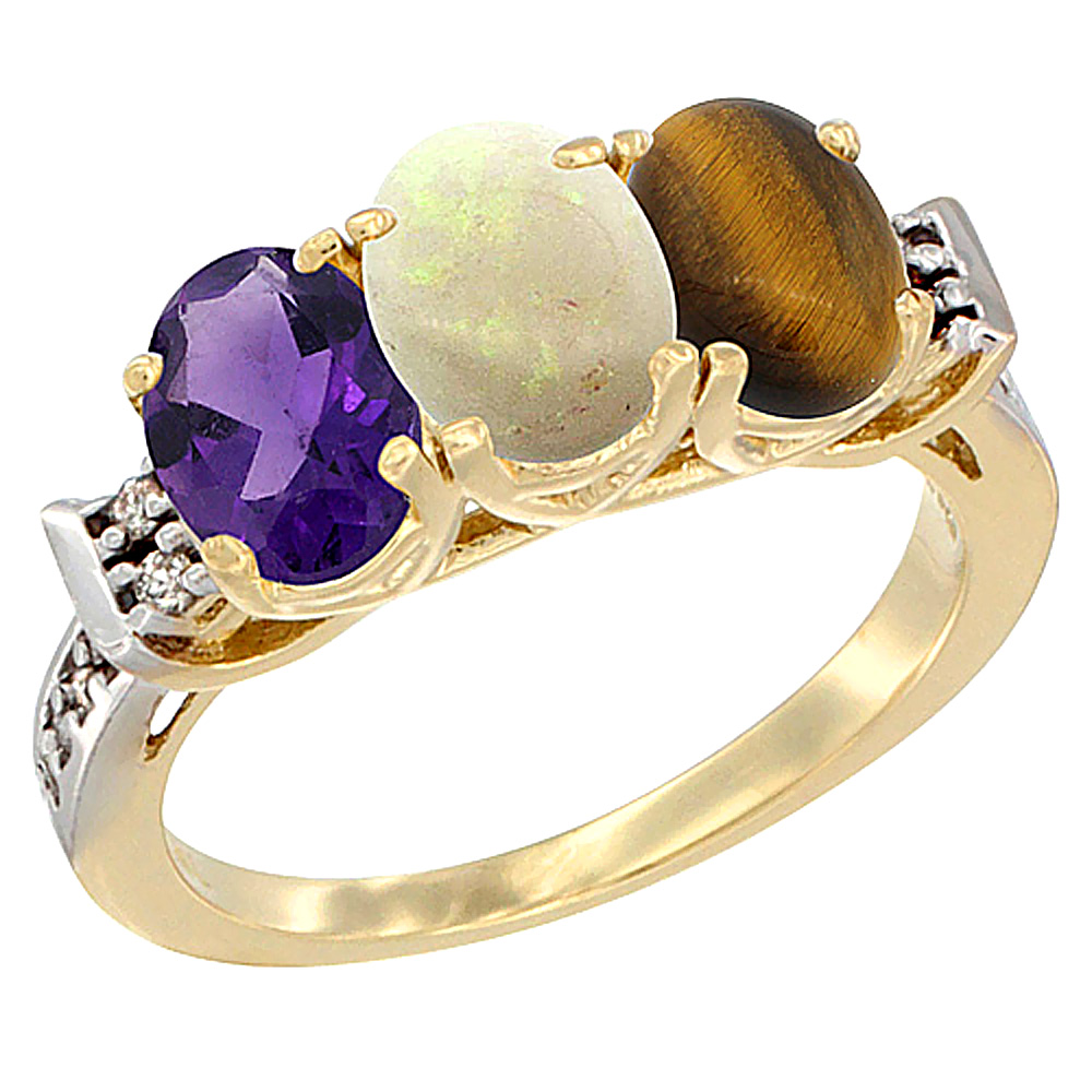 10K Yellow Gold Natural Amethyst, Opal &amp; Tiger Eye Ring 3-Stone Oval 7x5 mm Diamond Accent, sizes 5 - 10