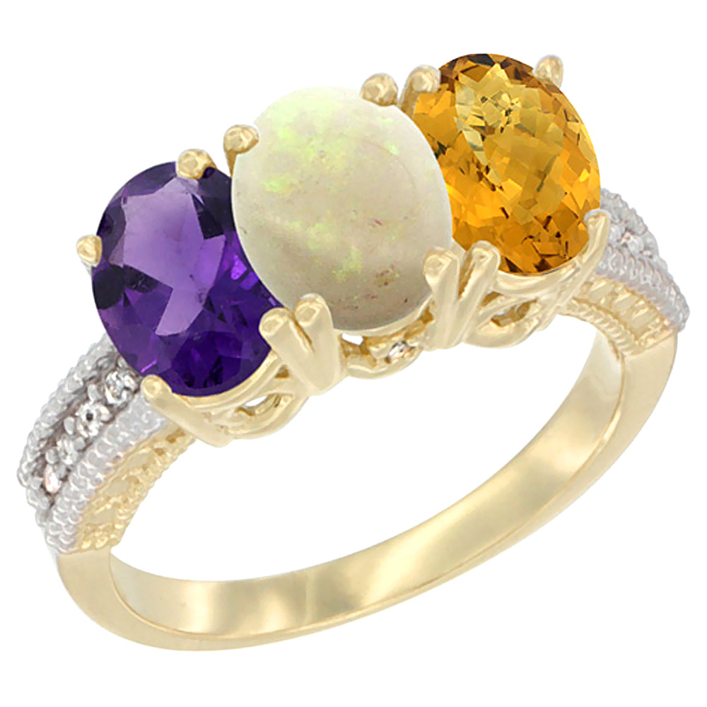 10K Yellow Gold Diamond Natural Amethyst, Opal & Whisky Quartz Ring Oval 3-Stone 7x5 mm,sizes 5-10