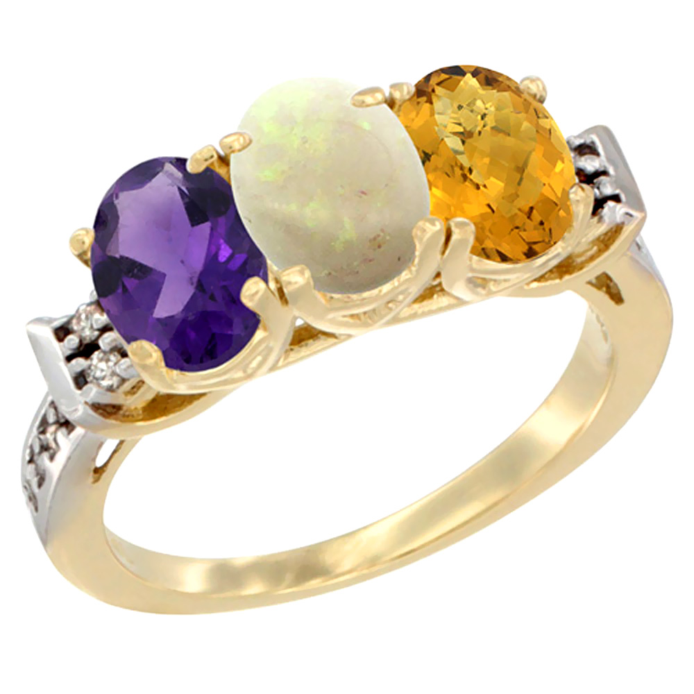 14K Yellow Gold Natural Amethyst, Opal &amp; Whisky Quartz Ring 3-Stone 7x5 mm Oval Diamond Accent, sizes 5 - 10