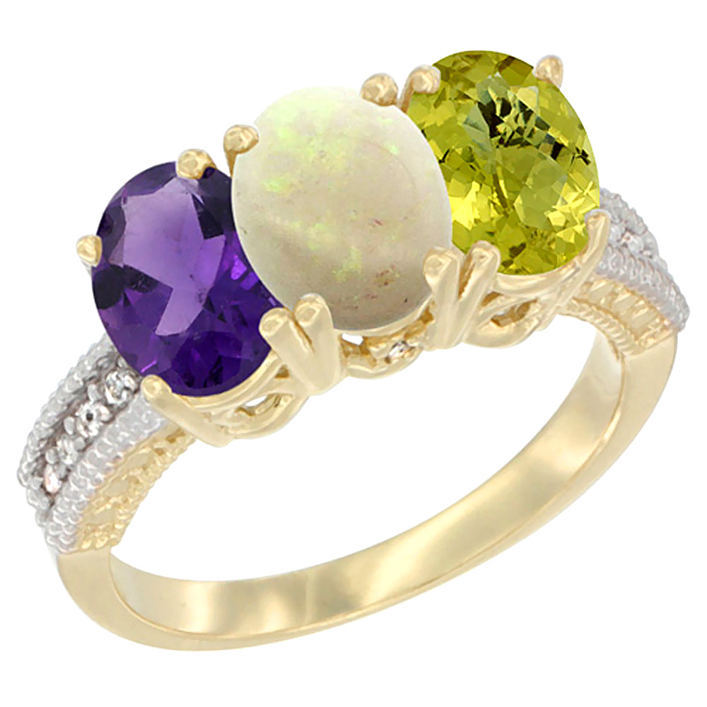 14K Yellow Gold Natural Amethyst, Opal &amp; Lemon Quartz Ring 3-Stone 7x5 mm Oval Diamond Accent, sizes 5 - 10