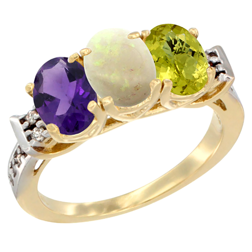 14K Yellow Gold Natural Amethyst, Opal &amp; Lemon Quartz Ring 3-Stone 7x5 mm Oval Diamond Accent, sizes 5 - 10