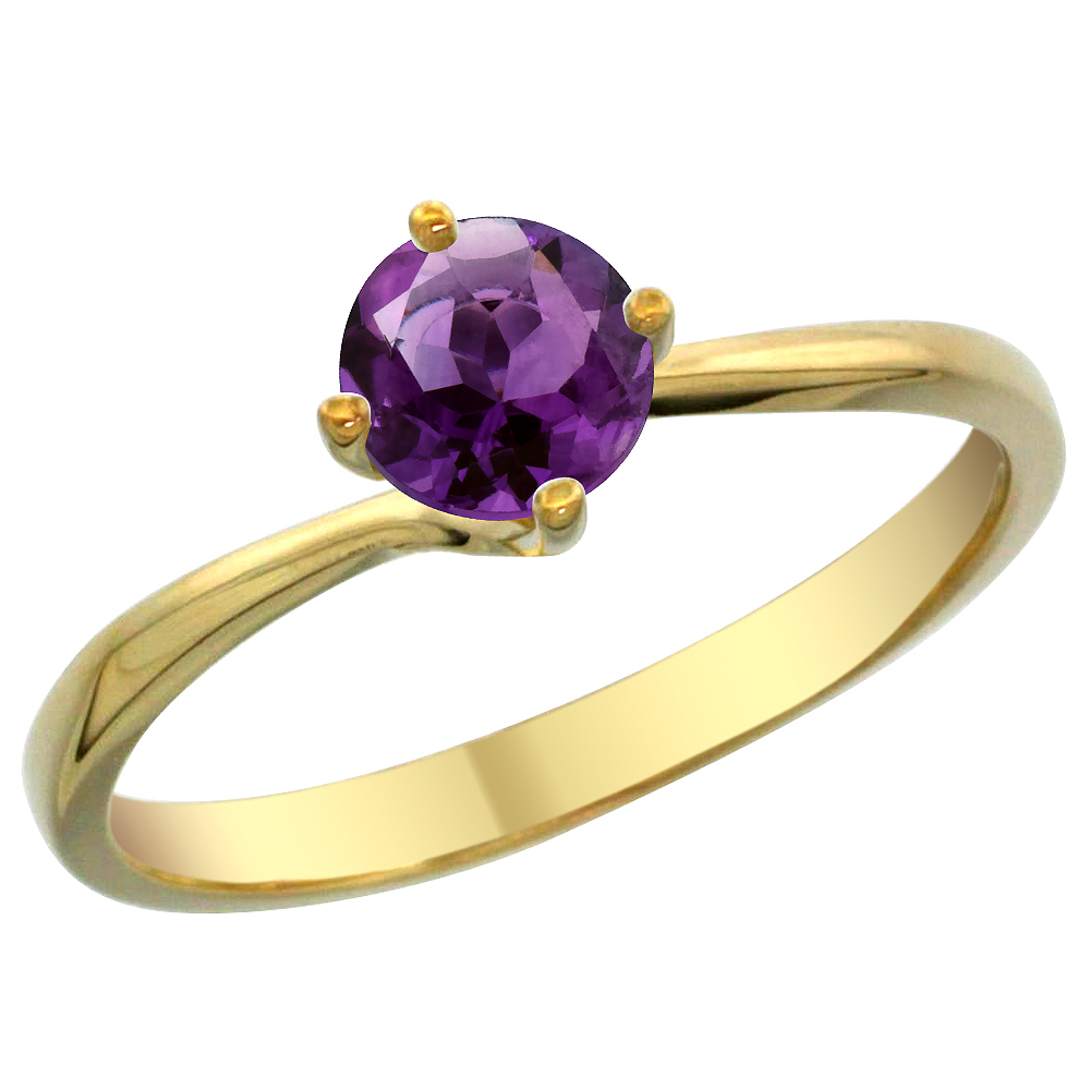 14K Yellow Gold Natural Amethyst Solitaire Ring Round 6mm, sizes 5 - 10