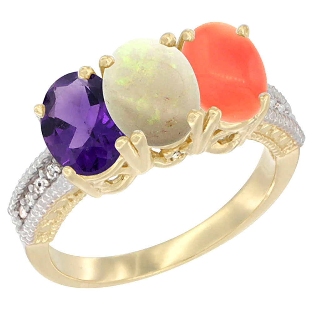 10K Yellow Gold Diamond Natural Amethyst, Opal &amp; Coral Ring Oval 3-Stone 7x5 mm,sizes 5-10