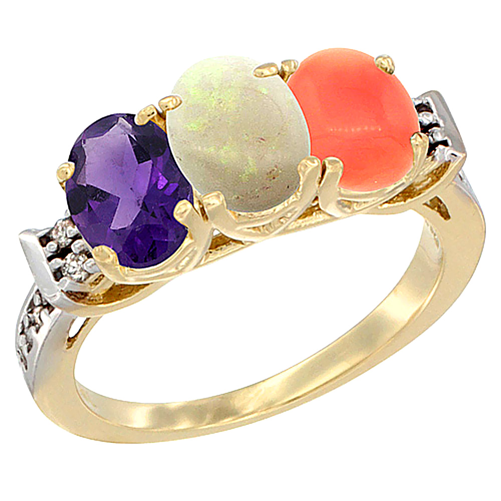 14K Yellow Gold Natural Amethyst, Opal & Coral Ring 3-Stone 7x5 mm Oval Diamond Accent, sizes 5 - 10