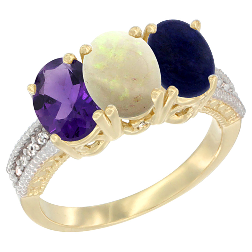 14K Yellow Gold Natural Amethyst, Opal &amp; Lapis Ring 3-Stone 7x5 mm Oval Diamond Accent, sizes 5 - 10