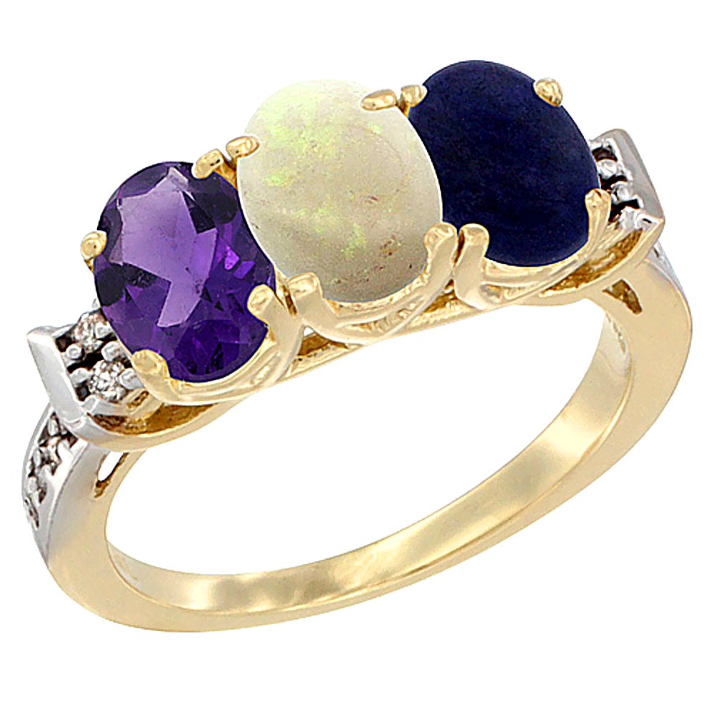 10K Yellow Gold Natural Amethyst, Opal &amp; Lapis Ring 3-Stone Oval 7x5 mm Diamond Accent, sizes 5 - 10