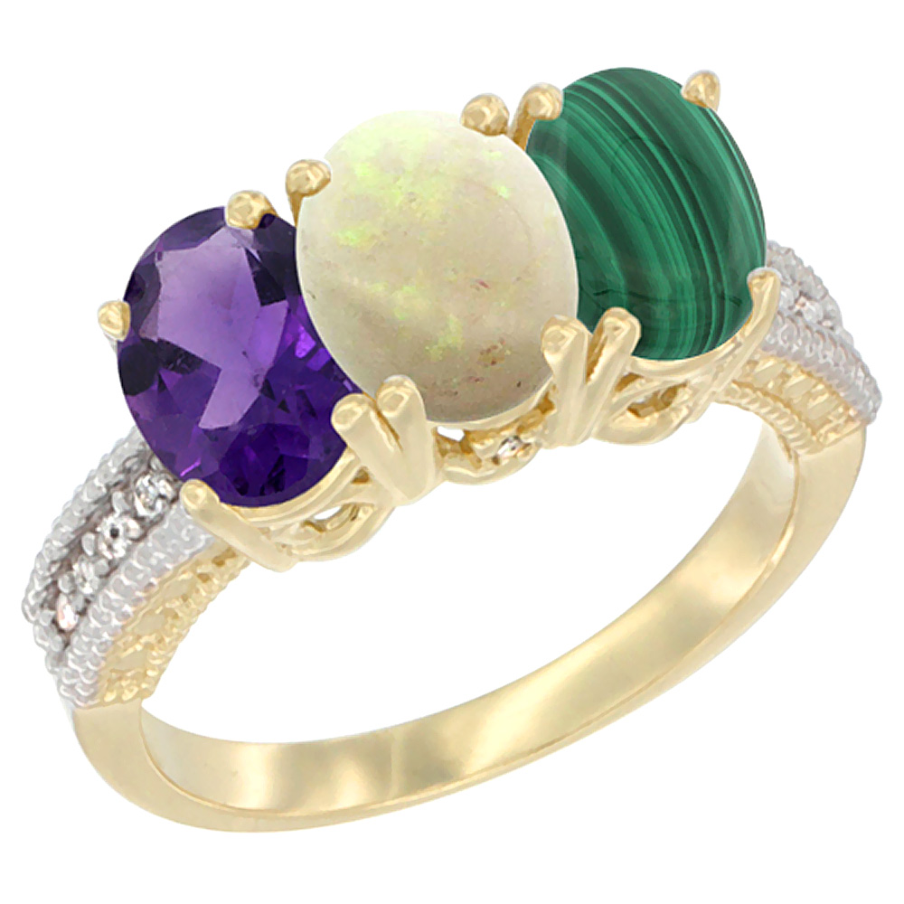 14K Yellow Gold Natural Amethyst, Opal &amp; Malachite Ring 3-Stone 7x5 mm Oval Diamond Accent, sizes 5 - 10