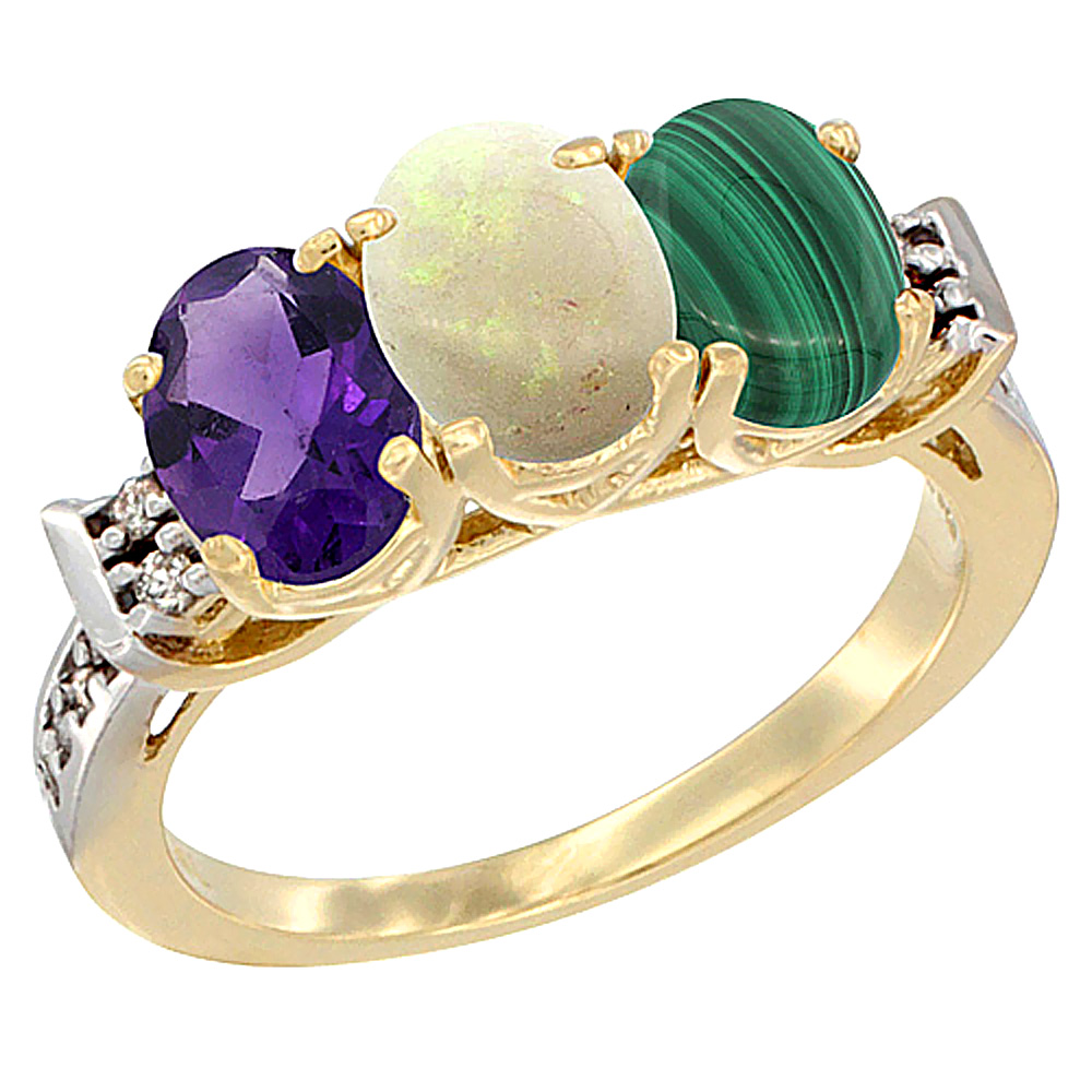 14K Yellow Gold Natural Amethyst, Opal &amp; Malachite Ring 3-Stone 7x5 mm Oval Diamond Accent, sizes 5 - 10