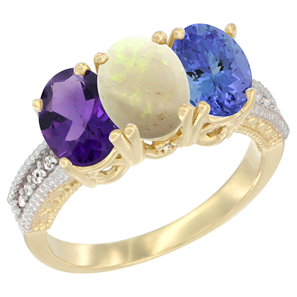 10K Yellow Gold Diamond Natural Amethyst, Opal & Tanzanite Ring Oval 3-Stone 7x5 mm,sizes 5-10