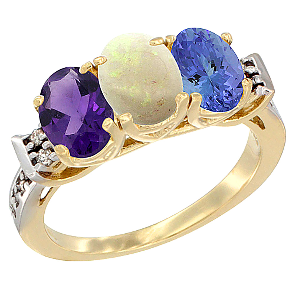 14K Yellow Gold Natural Amethyst, Opal &amp; Tanzanite Ring 3-Stone 7x5 mm Oval Diamond Accent, sizes 5 - 10