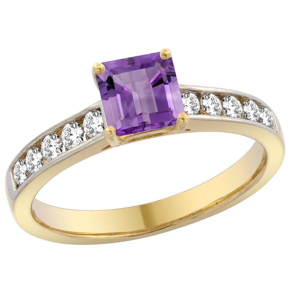 14K Yellow Gold Natural Amethyst Engagement Ring Princess cut 5mm, sizes 5 - 10