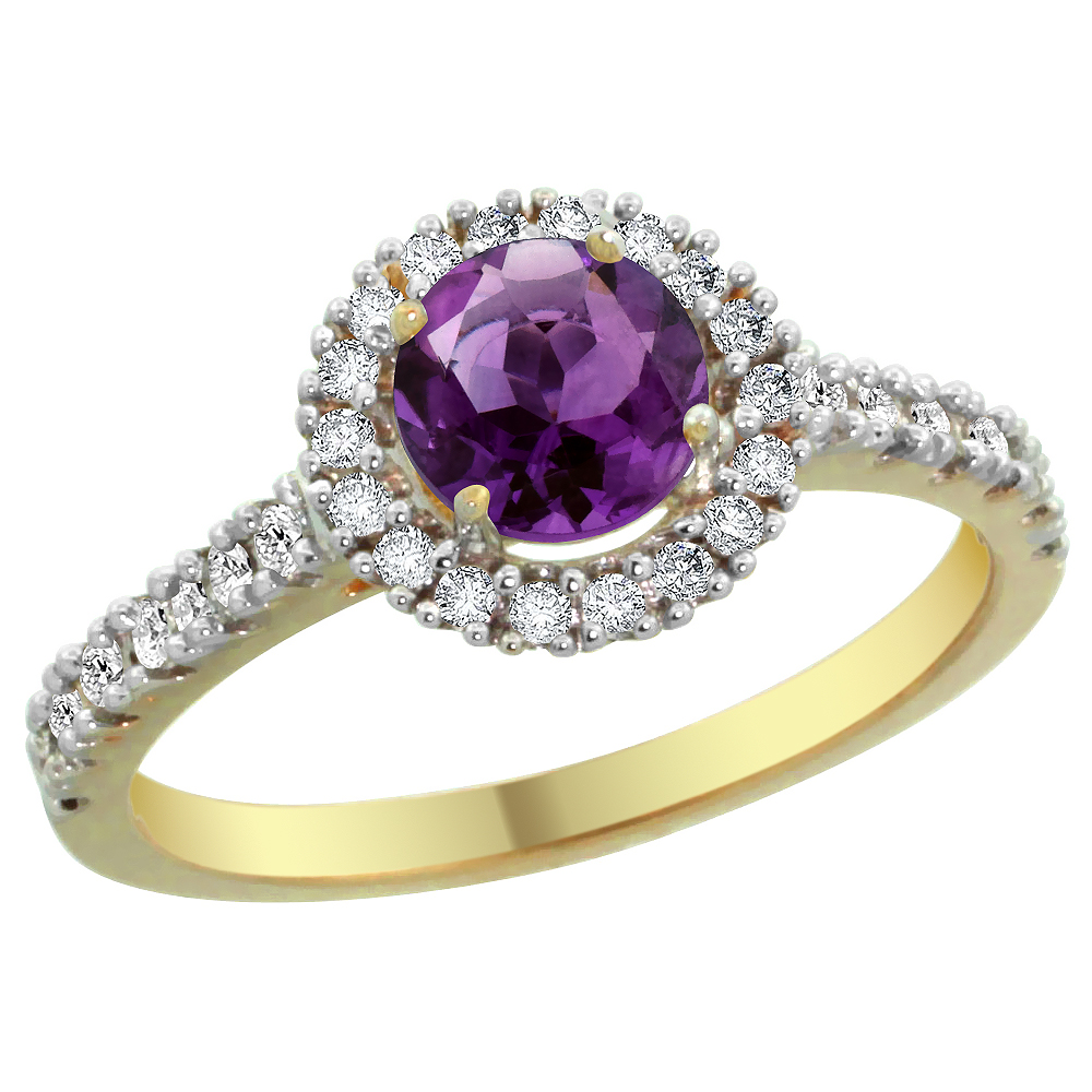 14K Yellow Gold Diamond Halo Natural Amethyst Ring Round 6mm, sizes 5 - 10