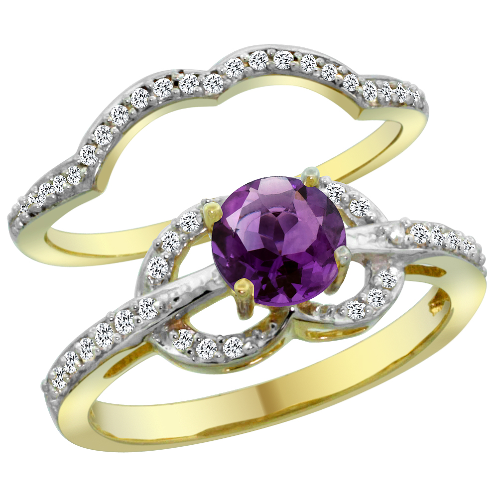 14K Yellow Gold Natural Amethyst 2-piece Engagement Ring Set Round 6mm, sizes 5 - 10