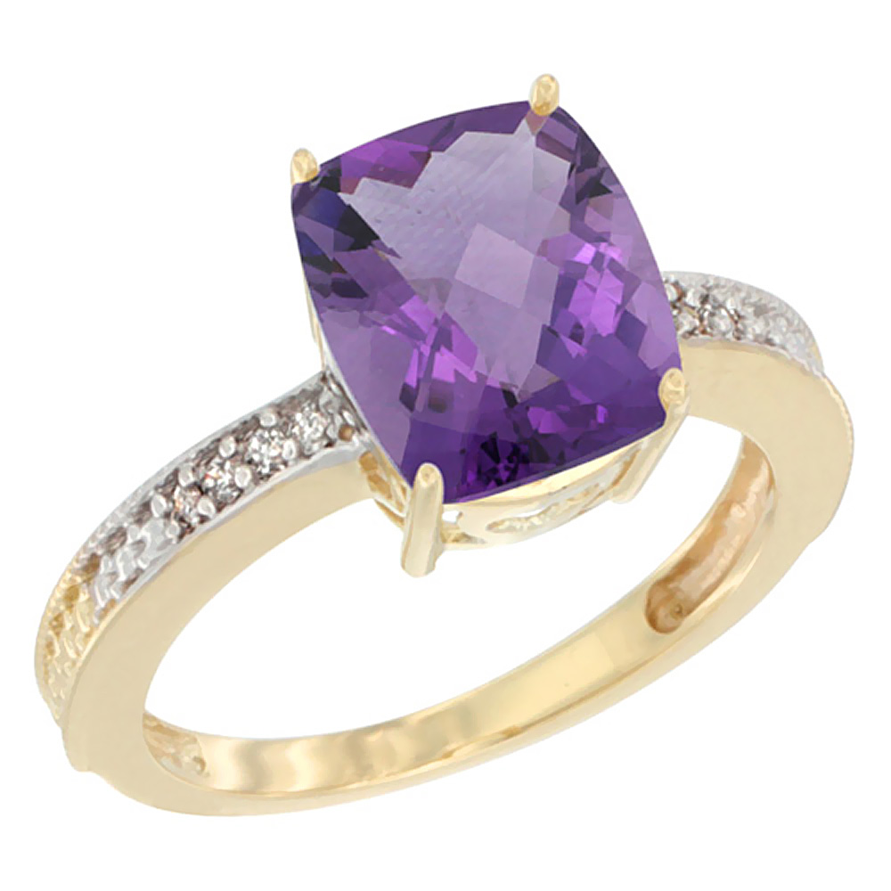 14K Yellow Gold Diamond Cushion 10x8 mm Natural Amethyst Stone Ring, sizes 5 - 10