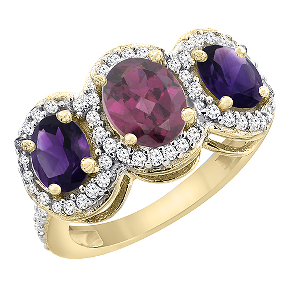 10K Yellow Gold Natural Rhodolite &amp; Amethyst 3-Stone Ring Oval Diamond Accent, sizes 5 - 10