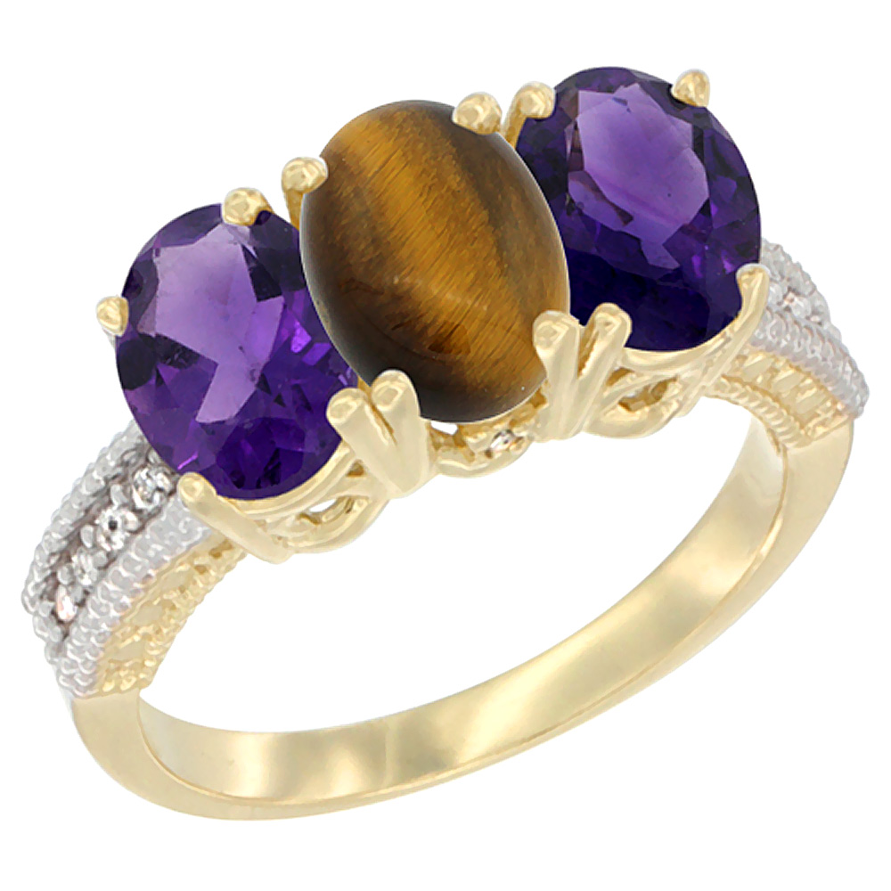 14K Yellow Gold Natural Tiger Eye & Amethyst Ring 3-Stone 7x5 mm Oval Diamond Accent, sizes 5 - 10