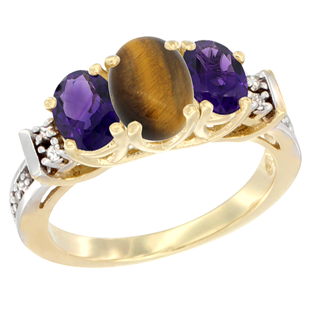 14K Yellow Gold Natural Tiger Eye & Amethyst Ring 3-Stone Oval Diamond Accent