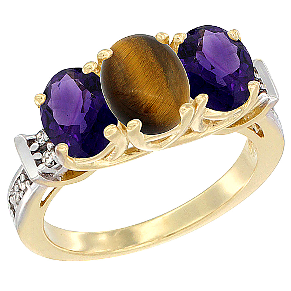 14K Yellow Gold Natural Tiger Eye & Amethyst Sides Ring 3-Stone Oval Diamond Accent, sizes 5 - 10