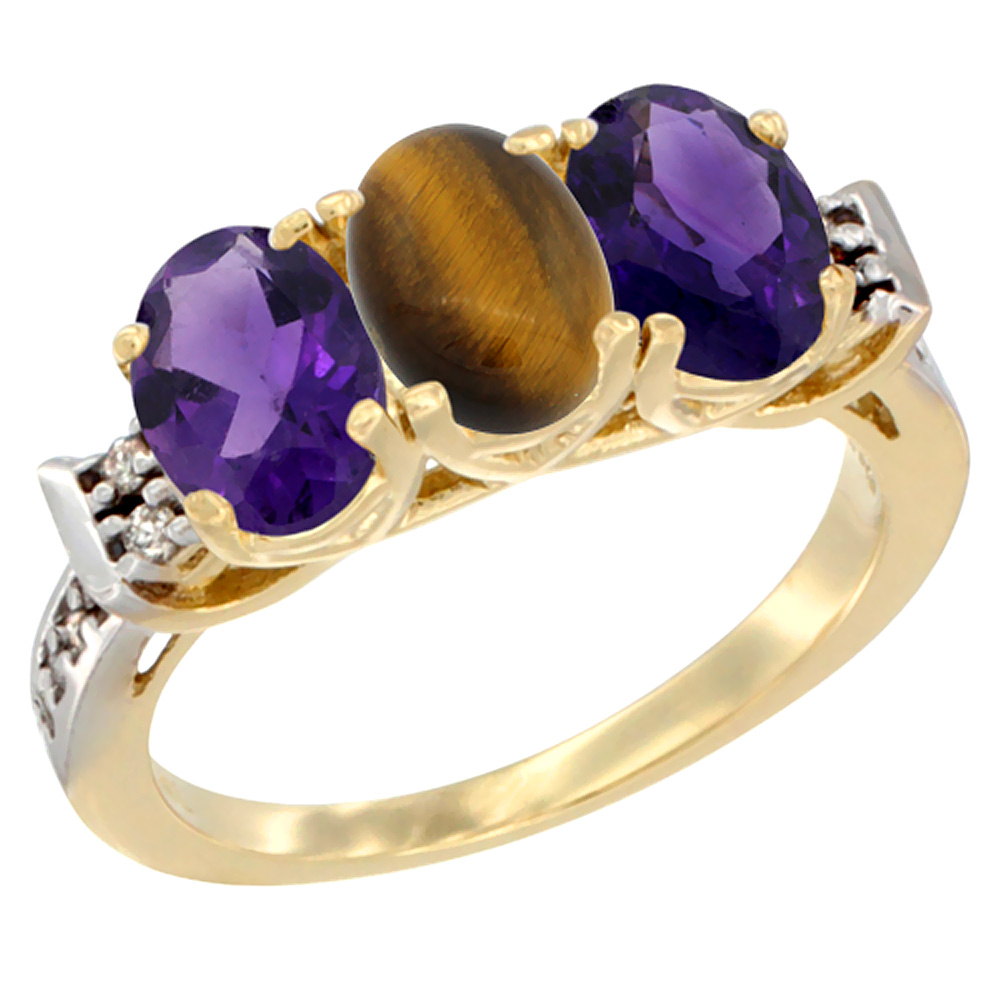 14K Yellow Gold Natural Tiger Eye & Amethyst Sides Ring 3-Stone 7x5 mm Oval Diamond Accent, sizes 5 - 10