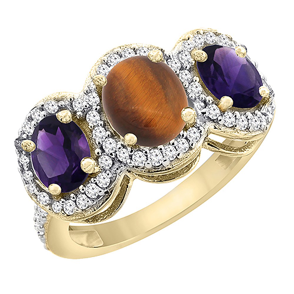 14K Yellow Gold Natural Tiger Eye &amp; Amethyst 3-Stone Ring Oval Diamond Accent, sizes 5 - 10