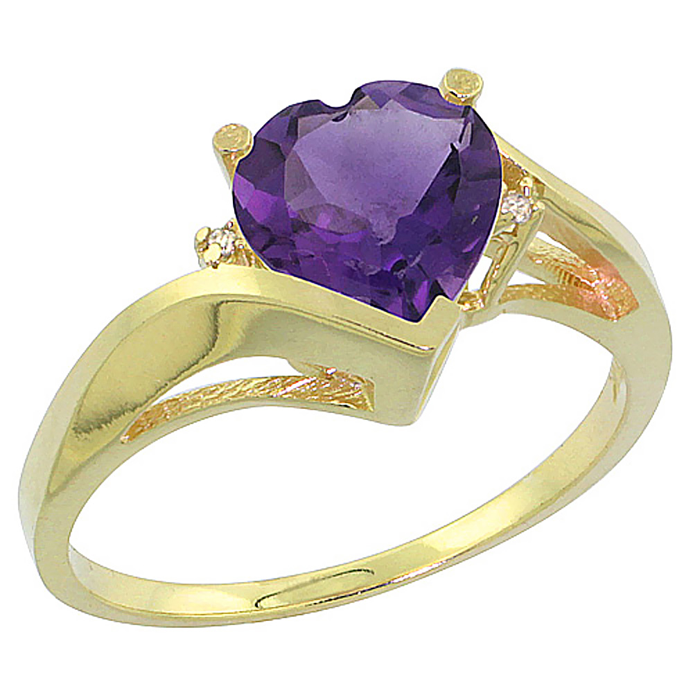 10K Yellow Gold Genuine Amethyst Heart Ring 7mm Diamond Accent sizes 5 - 10