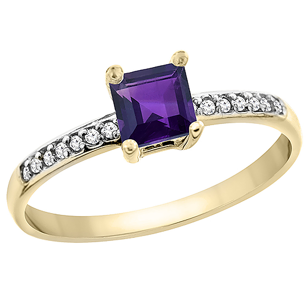 10K Yellow Gold Genuine Amethyst Ring Octagon 7x5 mm Diamond Accents