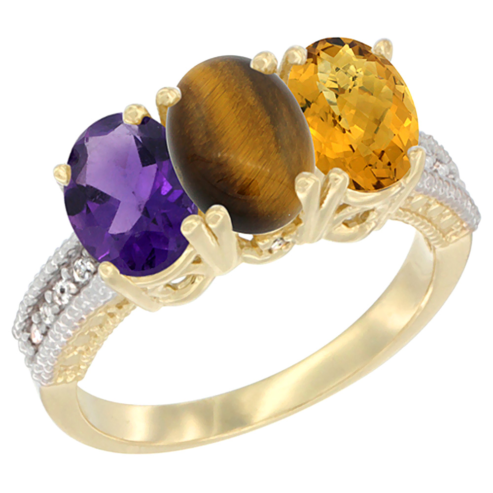 10K Yellow Gold Diamond Natural Amethyst, Tiger Eye & Whisky Quartz Ring Oval 3-Stone 7x5 mm,sizes 5-10