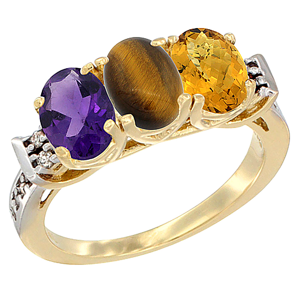 10K Yellow Gold Natural Amethyst, Tiger Eye &amp; Whisky Quartz Ring 3-Stone Oval 7x5 mm Diamond Accent, sizes 5 - 10