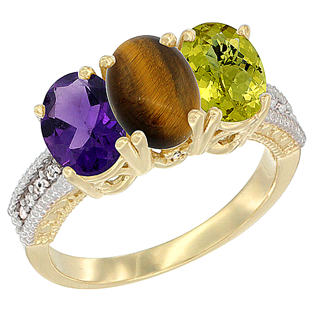 10K Yellow Gold Diamond Natural Amethyst, Tiger Eye & Lemon Quartz Ring Oval 3-Stone 7x5 mm,sizes 5-10