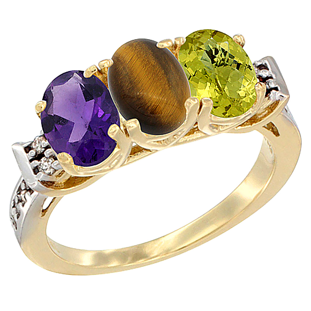 14K Yellow Gold Natural Amethyst, Tiger Eye & Lemon Quartz Ring 3-Stone 7x5 mm Oval Diamond Accent, sizes 5 - 10