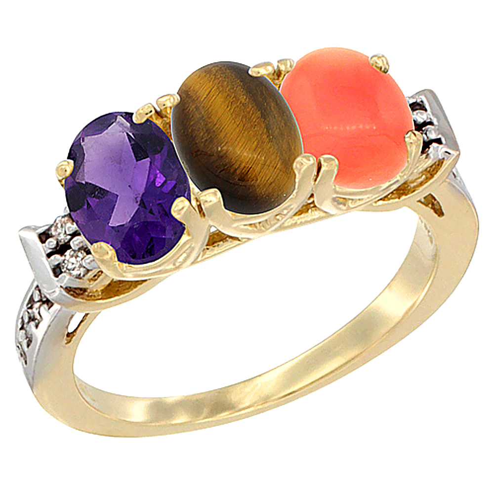 14K Yellow Gold Natural Amethyst, Tiger Eye &amp; Coral Ring 3-Stone 7x5 mm Oval Diamond Accent, sizes 5 - 10