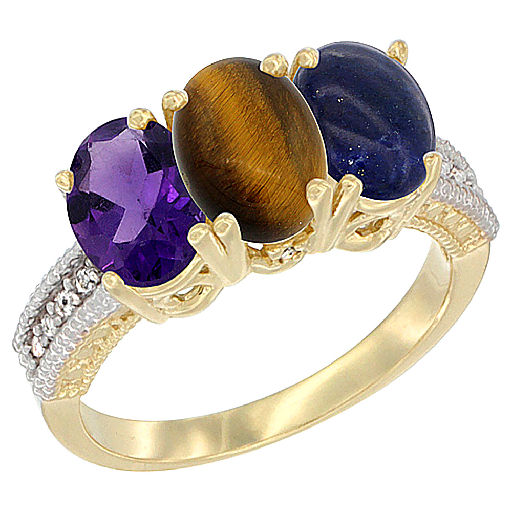 10K Yellow Gold Diamond Natural Amethyst, Tiger Eye &amp; Lapis Ring Oval 3-Stone 7x5 mm,sizes 5-10