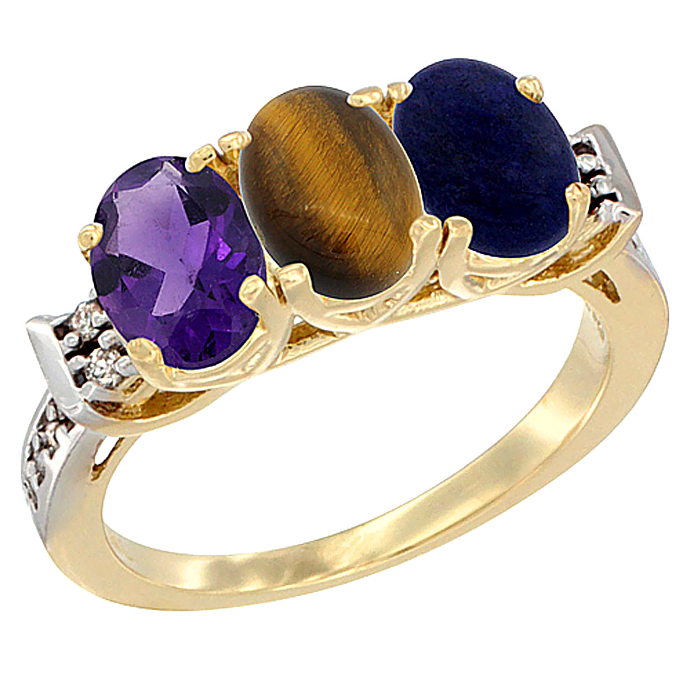 10K Yellow Gold Natural Amethyst, Tiger Eye &amp; Lapis Ring 3-Stone Oval 7x5 mm Diamond Accent, sizes 5 - 10