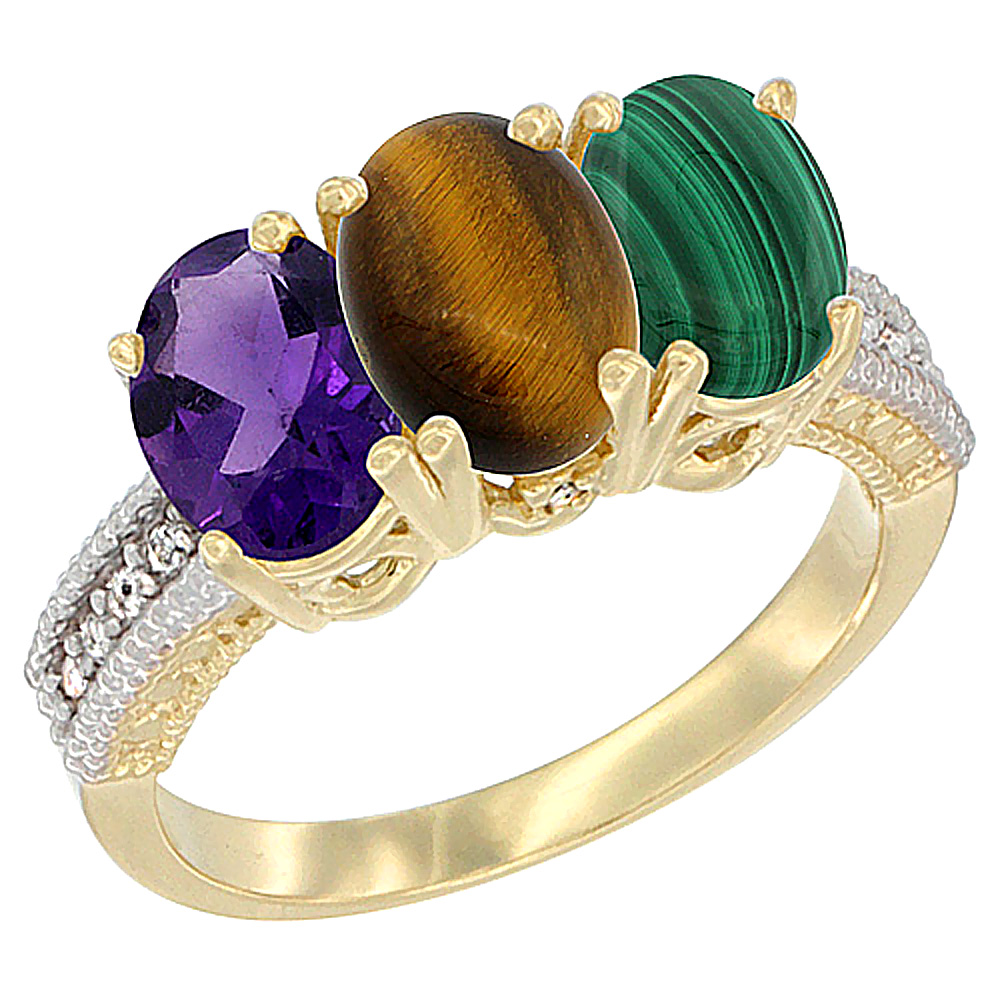 10K Yellow Gold Diamond Natural Amethyst, Tiger Eye &amp; Malachite Ring Oval 3-Stone 7x5 mm,sizes 5-10