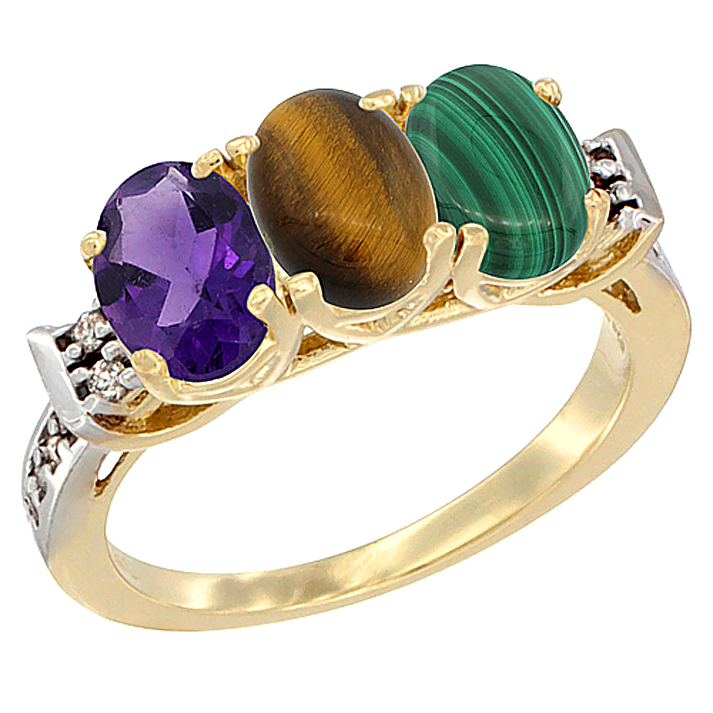 14K Yellow Gold Natural Amethyst, Tiger Eye & Malachite Ring 3-Stone 7x5 mm Oval Diamond Accent, sizes 5 - 10