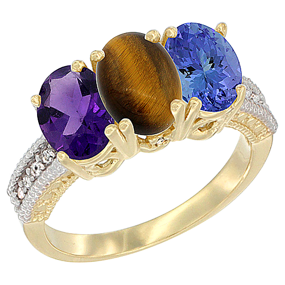 10K Yellow Gold Diamond Natural Amethyst, Tiger Eye &amp; Tanzanite Ring Oval 3-Stone 7x5 mm,sizes 5-10