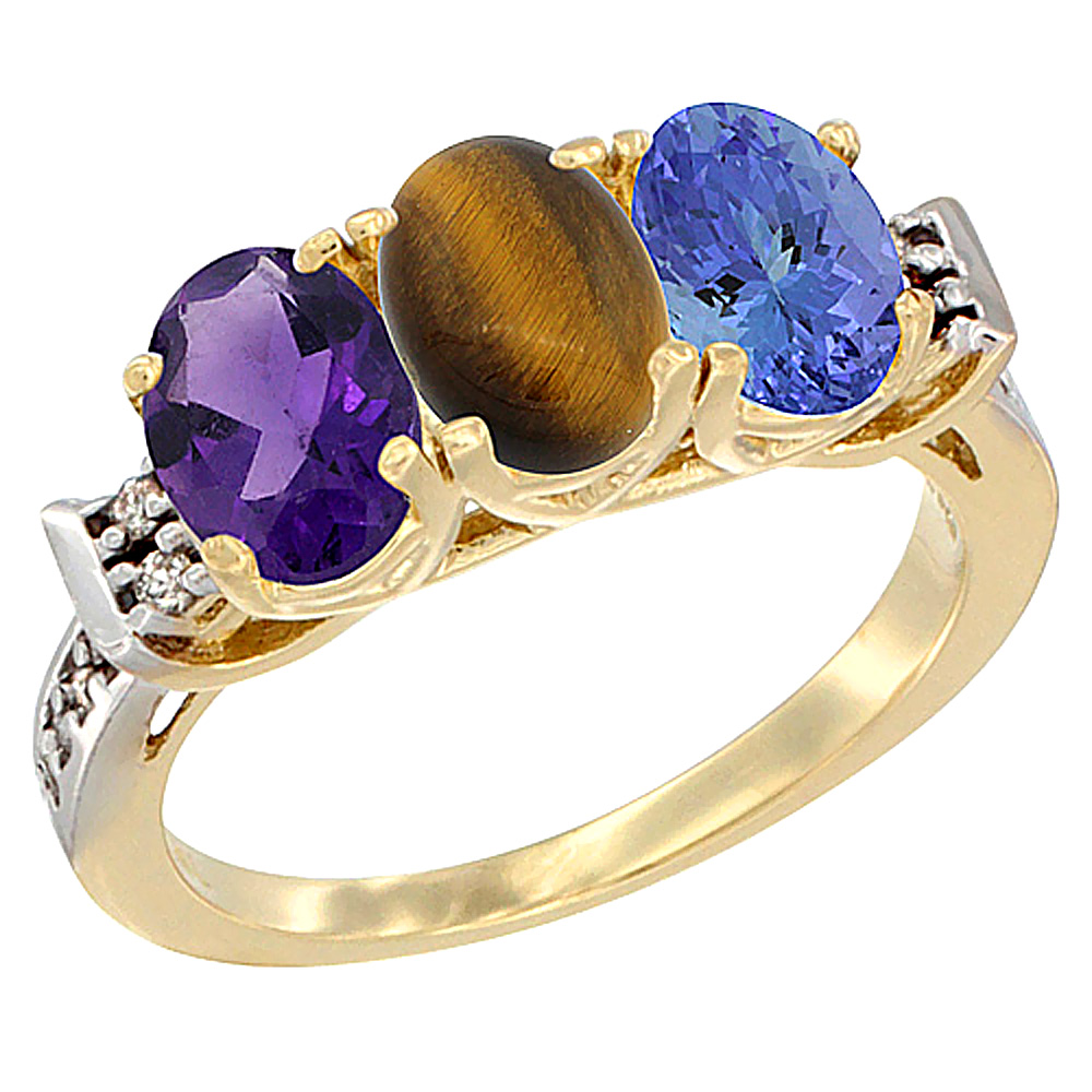 14K Yellow Gold Natural Amethyst, Tiger Eye & Tanzanite Ring 3-Stone 7x5 mm Oval Diamond Accent, sizes 5 - 10