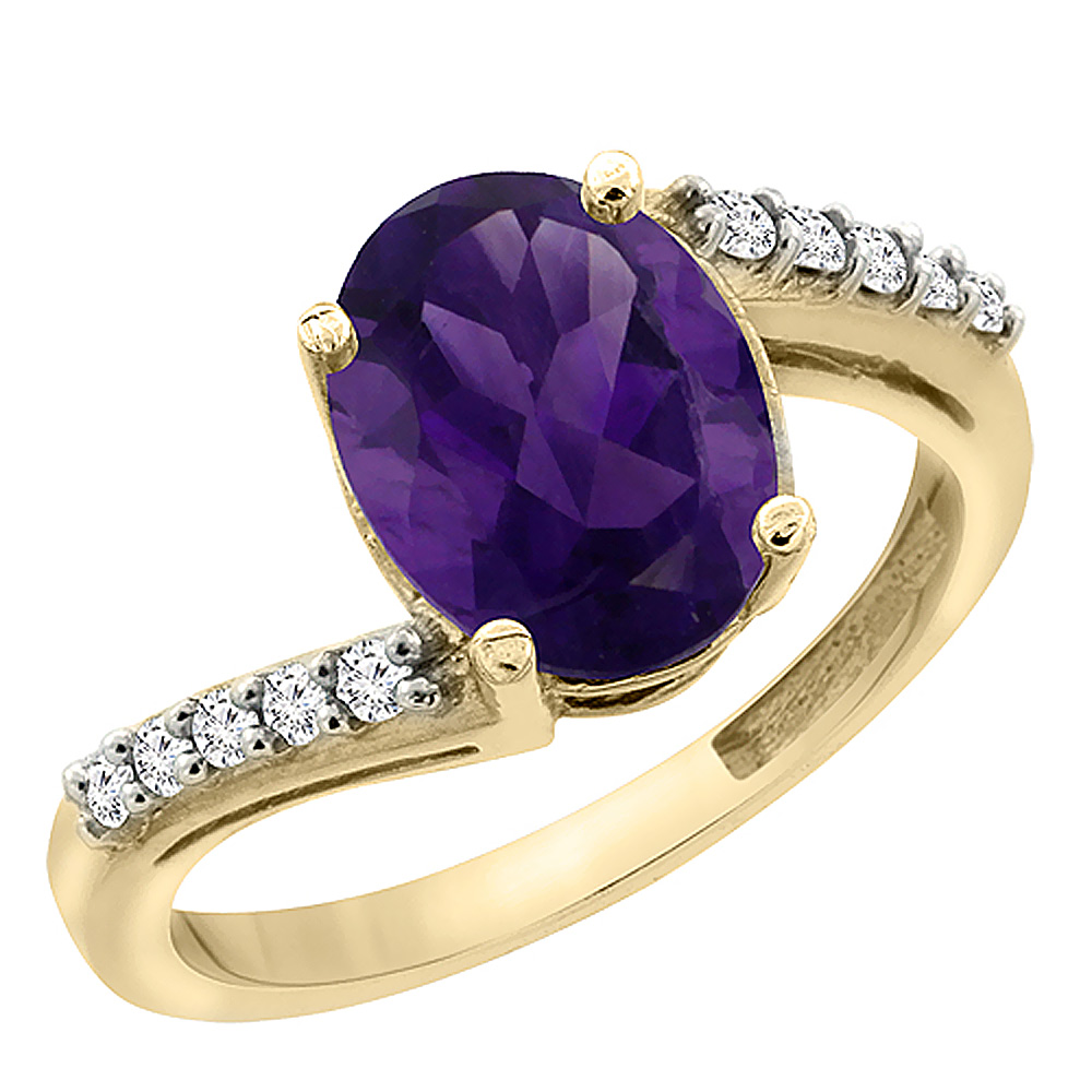 14K Yellow Gold Diamond Natural Amethyst Engagement Ring Oval 10x8mm, sizes 5-10