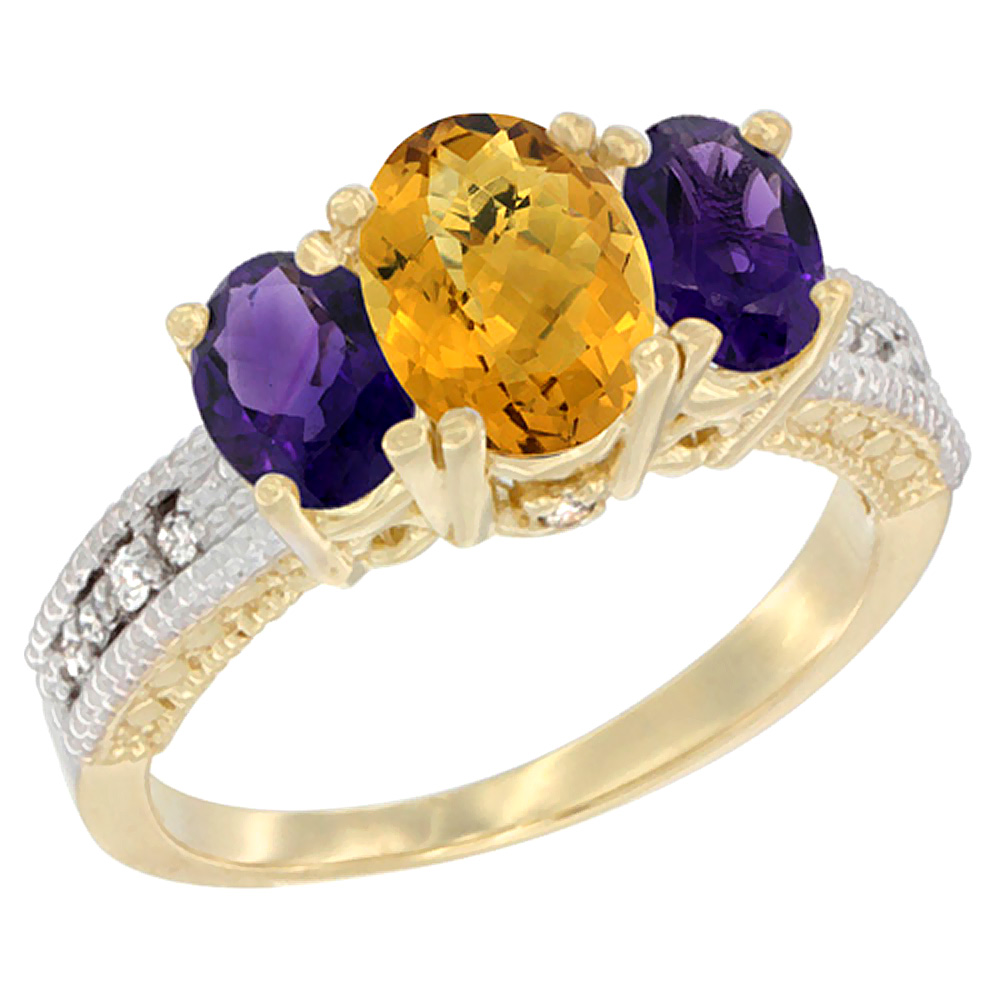 14K Yellow Gold Diamond Natural Whisky Quartz Ring Oval 3-stone with Amethyst, sizes 5 - 10