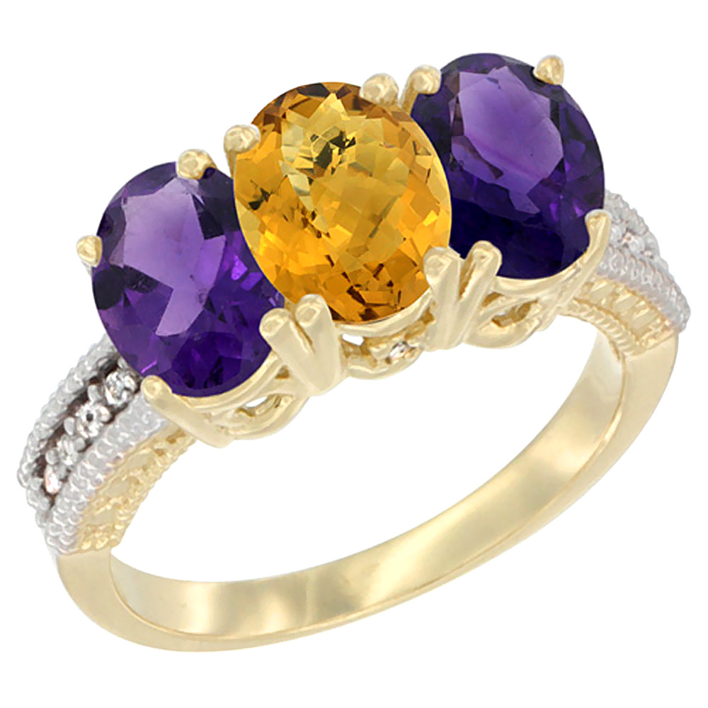 14K Yellow Gold Natural Whisky Quartz & Amethyst Ring 3-Stone 7x5 mm Oval Diamond Accent, sizes 5 - 10