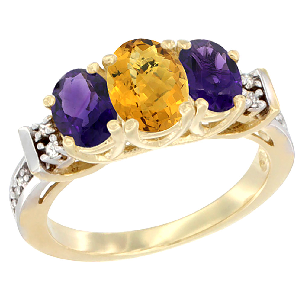 14K Yellow Gold Natural Whisky Quartz &amp; Amethyst Ring 3-Stone Oval Diamond Accent