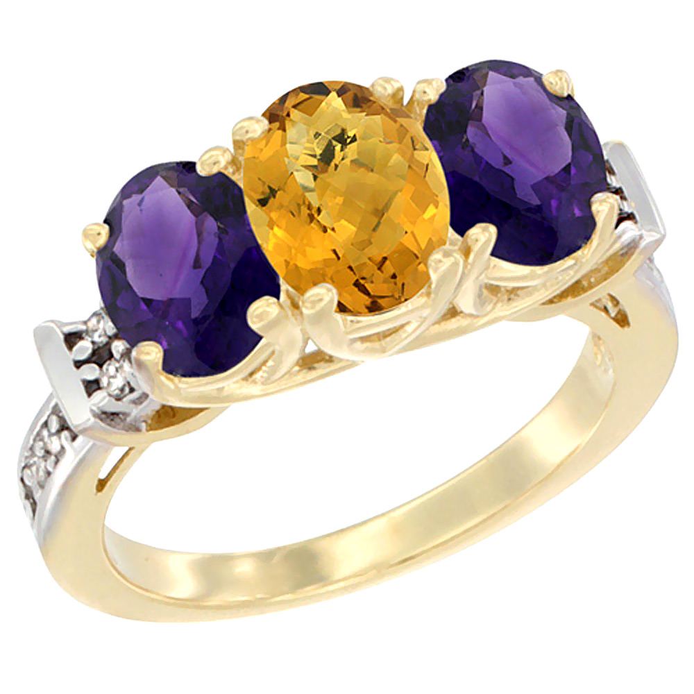 14K Yellow Gold Natural Whisky Quartz & Amethyst Sides Ring 3-Stone Oval Diamond Accent, sizes 5 - 10