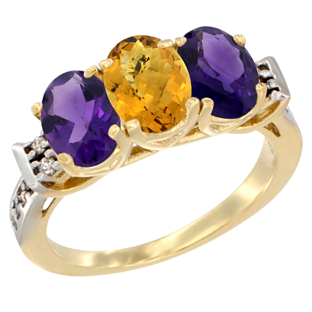 14K Yellow Gold Natural Whisky Quartz &amp; Amethyst Sides Ring 3-Stone 7x5 mm Oval Diamond Accent, sizes 5 - 10