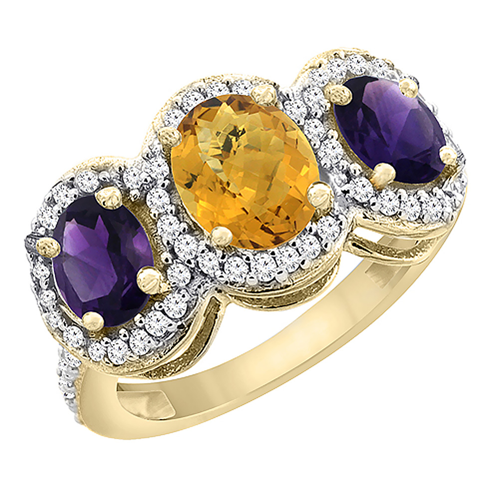 14K Yellow Gold Natural Whisky Quartz & Amethyst 3-Stone Ring Oval Diamond Accent, sizes 5 - 10