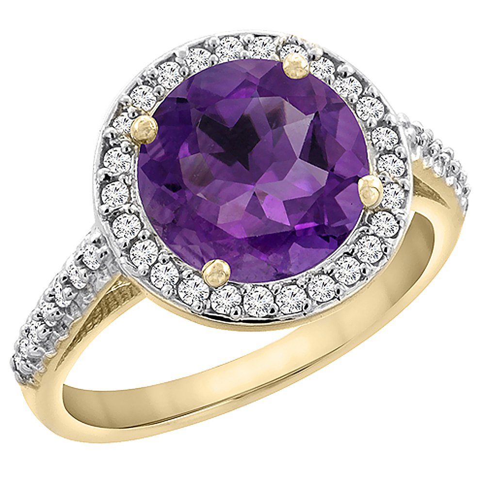 10k Yellow Gold Diamond Halo Genuine Amethyst Ring Round 8mm sizes 5 to 10