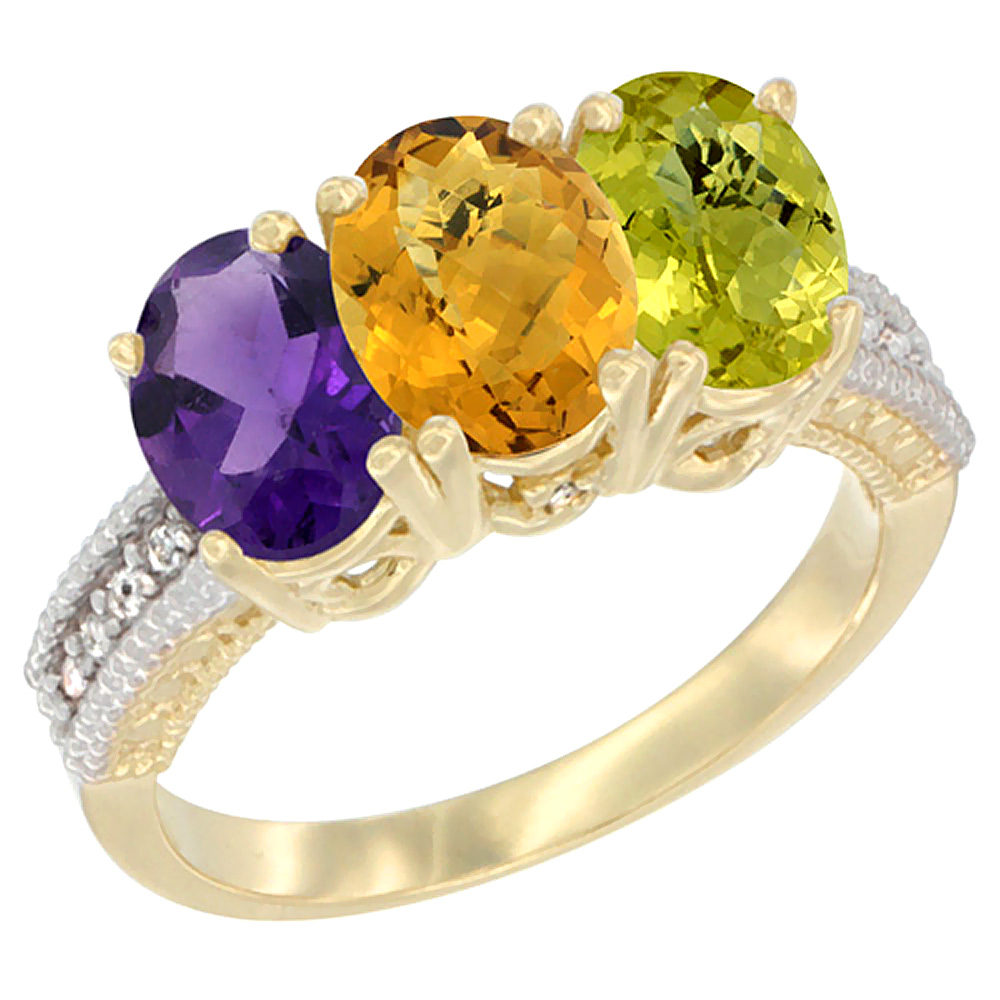 10K Yellow Gold Diamond Natural Amethyst, Whisky Quartz & Lemon Quartz Ring Oval 3-Stone 7x5 mm,sizes 5-10