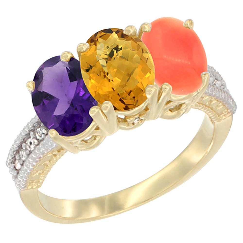 14K Yellow Gold Natural Amethyst, Whisky Quartz & Coral Ring 3-Stone 7x5 mm Oval Diamond Accent, sizes 5 - 10